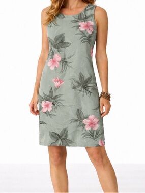 La Cabana Sage Green Pink Tropical Floral Sleeveless Sheath Dress Women’s Small